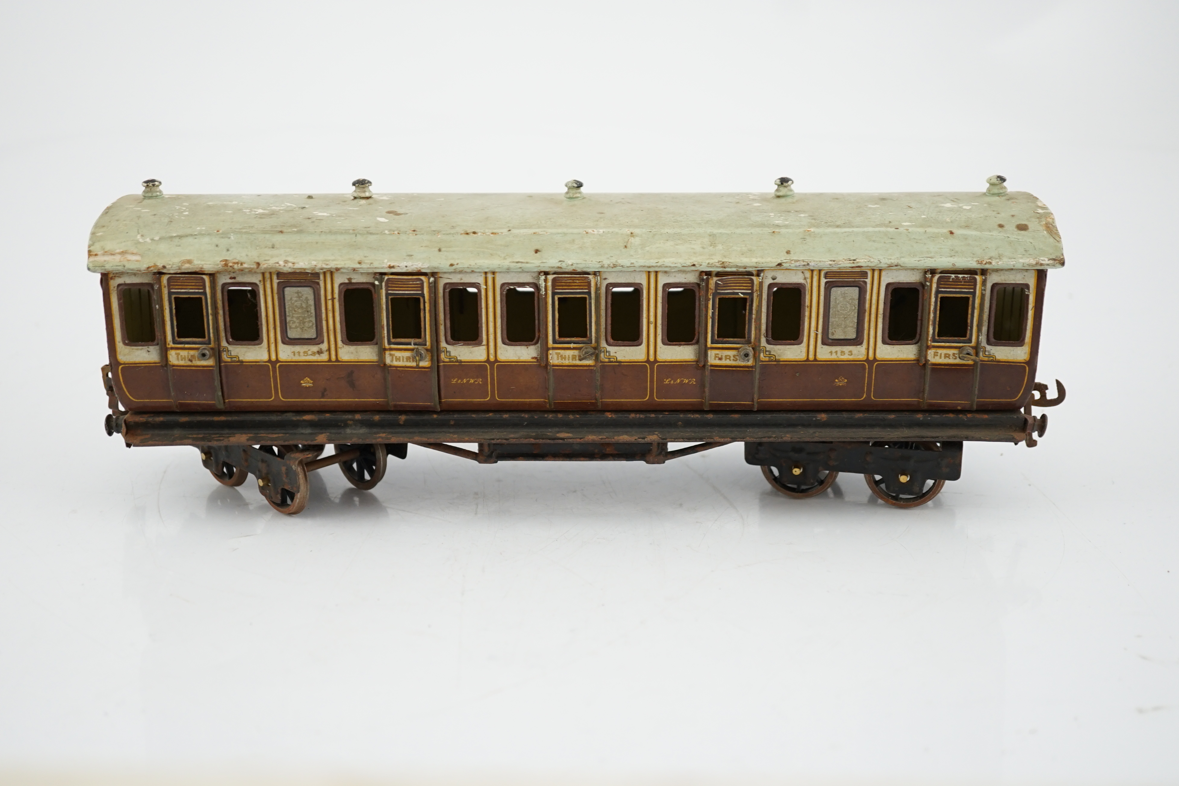 Two Marklin 0 gauge tinplate LNWR coaches; a First Third composite and a Full Guard’s van